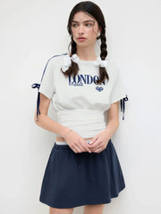 England London Cotton-blend Graphic Side Stripe Bowknot Ruched Tee