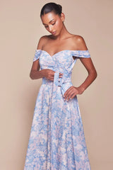 Tilda Gown - Blue - Off The Shoulder Floral Printed A-Line Dress