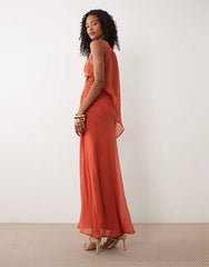 draped batwing asymmetric one sleeve maxi dress in orange