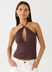 Allira Linen Halter Top Chocolate Drizzle