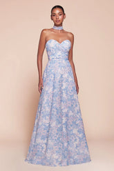 Cassie Gown - Blue - Strapless A-Line Floral Chiffon Dress