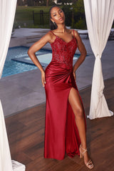 Flori Gown - Fitted Satin Gown With Embellished Bodice