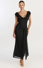 Zena Midi Dress - Cowl Neck Tie Detail Dress in Black