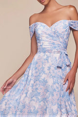 Tilda Gown - Blue - Off The Shoulder Floral Printed A-Line Dress