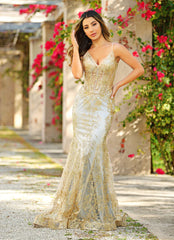 Lyra Gown - Gold Mist - Fitted Floral Glitter Print Corset Gown