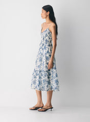 Chiffon tiered V-neck midi dress with floral pattern— lt birch/ admiral