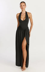 Coraline Maxi Dress - Plunge Neckline Double Waist Sash Halter Dress in Black