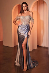 Lana Gown - Embellished Off The Shoulder Satin Gown