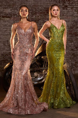 Lyra Gown - Mocha Gold - Fitted Floral Glitter Print Corset Gown