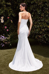 Ava Pointed V-Neckline Gown - Off White - Strapless Stretch Spandex Satin Fitted Dress