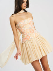 Quanisha Yellow Beaded Floral Mini Chiffon Dress with Scarf