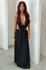 Soraya Plunge Halter Neck Maxi Dress - Black