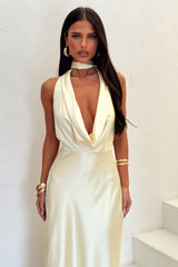 Zealand Plunge Halter Satin Maxi Dress - Yellow