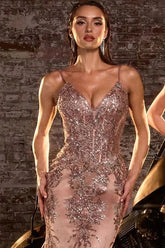 Lyra Gown - Mocha Gold - Fitted Floral Glitter Print Corset Gown