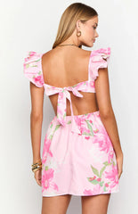 Elegeleges Pink Floral Print Mini Dress