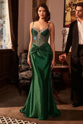 Nyx Gown - Sheer Embellished Bodice Satin Gown