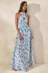 Liana | Blue Porcelain Print Halter-Neck Maxi Dress