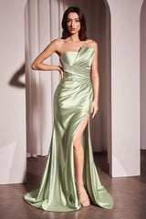 Deanna Gown - Sage - Asymmetrical Strapless Satin Gown