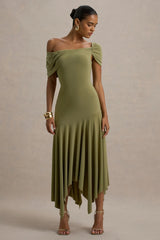 Castor Olive Asymmetric Midi Dress
