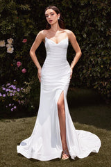 Ava Pointed V-Neckline Gown - Off White - Strapless Stretch Spandex Satin Fitted Dress