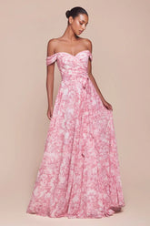 Tilda Gown - Rose - Off The Shoulder Floral Printed A-Line Dress