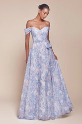 Tilda Gown - Blue - Off The Shoulder Floral Printed A-Line Dress