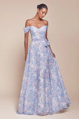 Tilda Gown - Blue - Off The Shoulder Floral Printed A-Line Dress