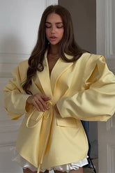 V-Neck Belted Shoulder Pad Blazer