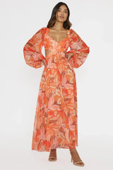 Maura Long Sleeve Lace-Up Back Dress Floral Orange