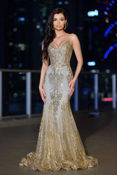 Lyra Gown - Gold Mist - Fitted Floral Glitter Print Corset Gown