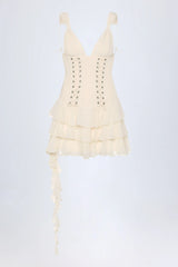 Lace Up Ruffled Tiered Mini Dress in Ivory