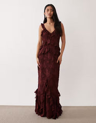 Pretty Lavish devore frill detailing cami maxi dress in mahogany red