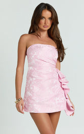 Laila Mini Dress - Jacquard Strapless Fit And Flare Dress In Pink