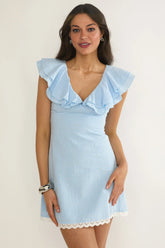 Elegeleges Layered Ruffle Neckline Mini Dress Blue