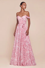Tilda Gown - Rose - Off The Shoulder Floral Printed A-Line Dress