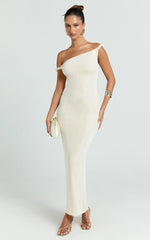 Isabel Midi Dress - Twist Off Shoulder Bodycon Dress in Cream