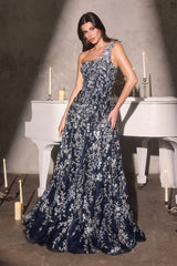 June A-Line Gown - One Shoulder Floral Appliqué Evening Dress