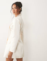 TFNC satin scarf detail v neck with shoulder pad detail mini dress in ivory
