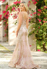 Lyra Gown - Rose Gold - Fitted Floral Glitter Print Corset Gown