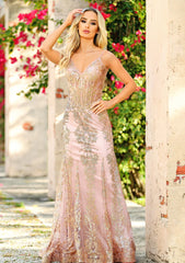 Lyra Gown - Rose Gold - Fitted Floral Glitter Print Corset Gown