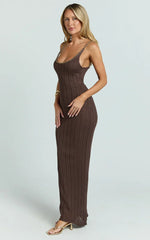 Shailene Maxi Dress - Chain Strap Scoop Neck Knitted Maxi Dress in Chocolate