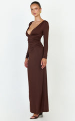 Juniper Maxi Dress - V Neckline Long Sleeve Gathered Detail Dress in Dark Chocolate