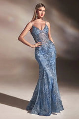 Lyra Gown - Paris Blue - Fitted Floral Glitter Print Corset Gown