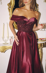 Fanning Gown - Off The Shoulder Sequin Corset Satin Dress