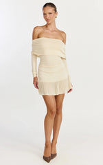 Roxy Mini Dress - Off Shoulder Long Sleeve Pleated Skirt Dress in Cream