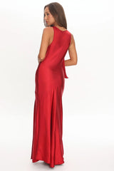 Averie Bow Shoulder Split Midi Dress Red