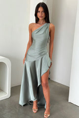 Leni One Shoulder Satin Maxi Dress - Olive