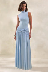Glimora | Powder Blue High-Neck Maxi Dress With Ruched-Detailing