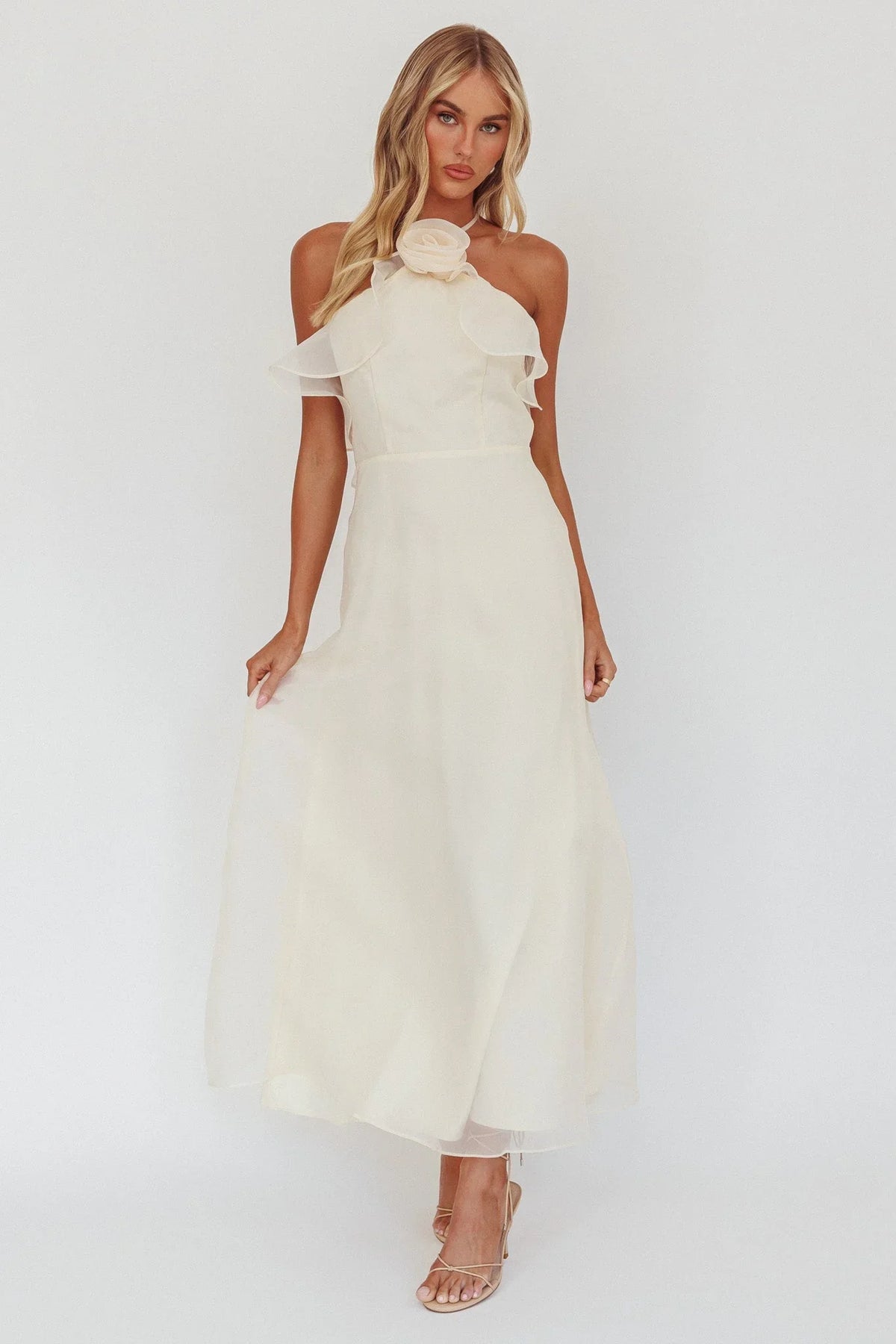 Cordially Invited Ruffle Neckline Rosette Maxi Vanilla