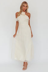 Cordially Invited Ruffle Neckline Rosette Maxi Vanilla